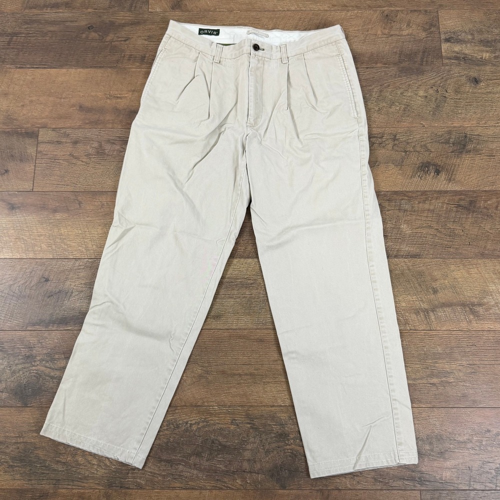 Orvis Men's Khaki Pleated Chino Pants Size 35 Cotton Khaki Tan Pockets